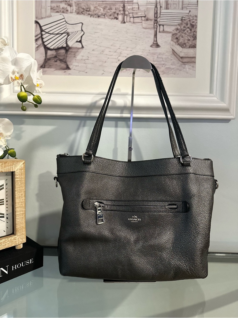 Coach Tyler Metallic Gunmetal Leather Tote Bag F56140 Shimmer Gray Silver GUC